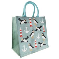 Jute shopping bag, Lighthouse and Puffins 30x30cm
