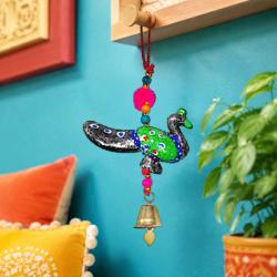 Peacock Hanging with Bell Recycled Plastic Black Green