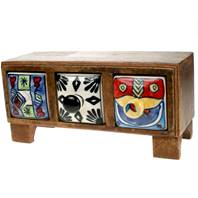 Wooden mini chest, 3 ceramic drawers