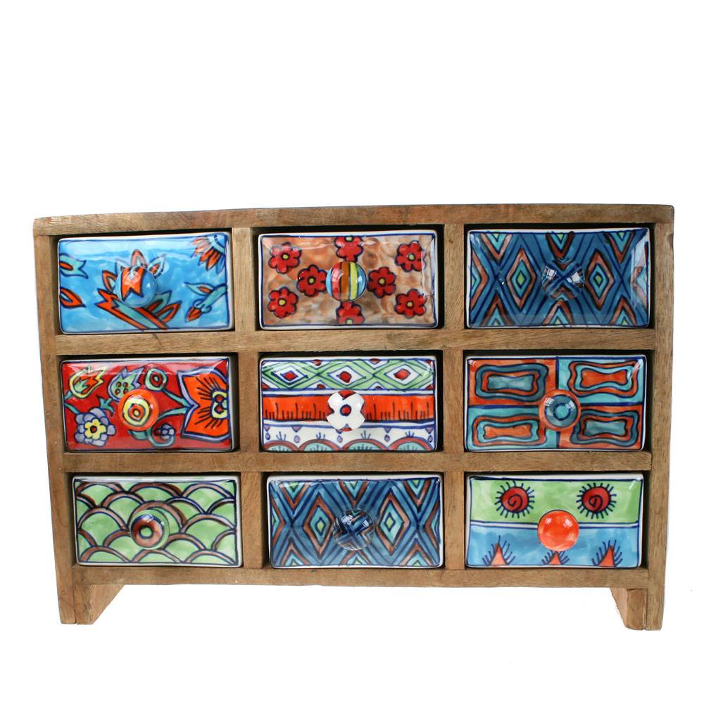 Wooden mini chest, 9 ceramic drawers