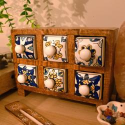 Wooden mini chest with 6 blue yellow & white drawers 24 x 17 x 11.5cm