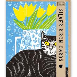 Greetings Card, Cat and Flowers, 14x17cm