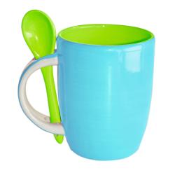 Green and Blue hand-painted mug and spoon, 10 x 8 cm