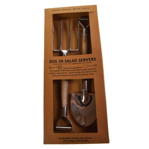 Handcrafted stainless steel salad servers with mango wood handles