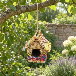Birdhouse, recycled fabric, in the shape of a house, 16x16x17cm, made in India