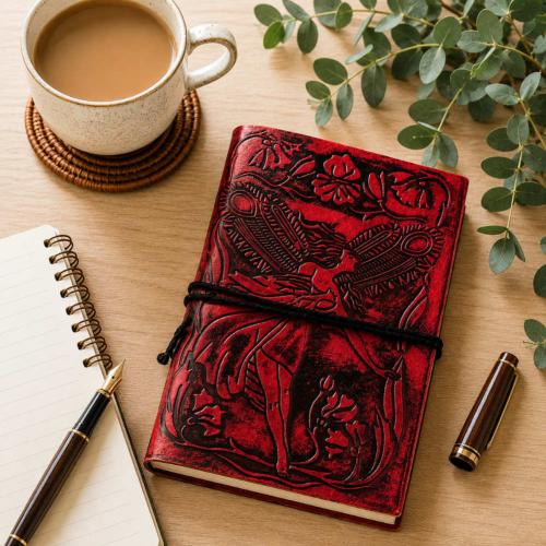 Notebook Leather Bound Fairy Dark Red 13 x 18cm