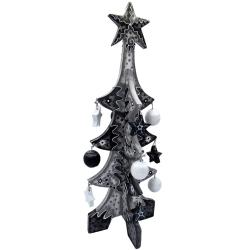 Christmas tree handcarved eco albesia wood with stars & baubles grey 40cm