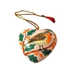 Hanging Heart Decoration Papier Mâché Robin Design 6.5cm