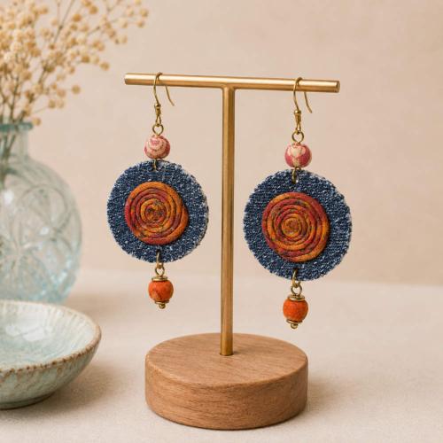 Earrings recycled denim jeans, circle with inner coil 2 cloth beads