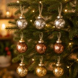 Box of 9 Glass Tree Decorations Round Silver Copper Gold