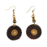 Earrings cow bone & brass, circle with spiral + bead, brown
