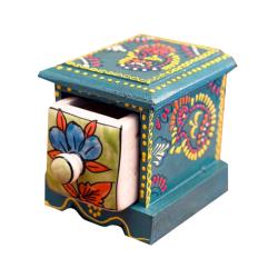 Mini Chest Mango Wood Blue-Grey 1 Ceramic Drawer 10x10x10cm