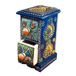 Mini Chest Mango Wood Blue 2 Ceramic Drawers Vertical 10x10x17cm