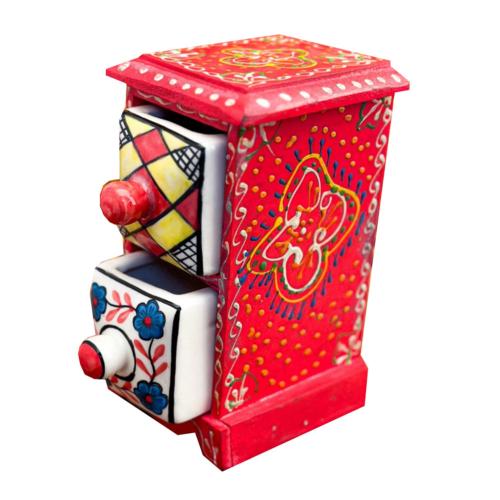 Mini Chest Mango Wood Red 2 Ceramic Drawers Vertical 10x10x17cm