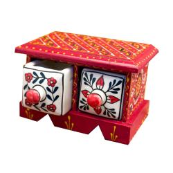 Mini Chest Mango Wood Red 2 Ceramic Drawers 16x10x10cm
