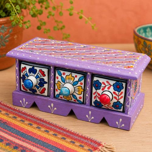 Mini Chest Mango Wood Purple 3 Ceramic Drawers 23x10x10cm