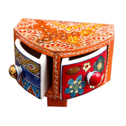 Mini Chest Curved Mango Wood Orange 2 Ceramic Drawers 22x14x14cm