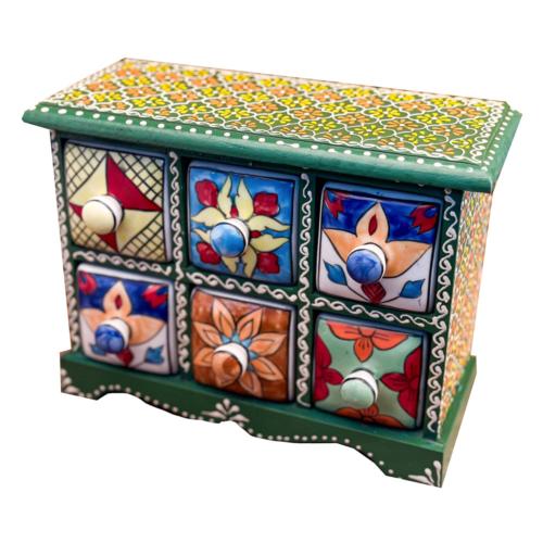 Mini Chest Mango Wood Green 6 Ceramic Drawers 25x10x17cm