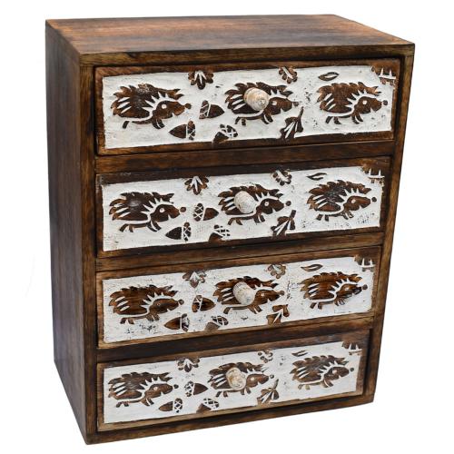 4 drawer mini chest of drawers, mango wood hedgehog design 25x16x31cm