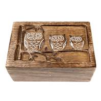 Box, mango wood, 3 owls 15x10x6cm