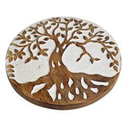 Trivet/pan stand, whitewashed mango wood, Tree of Life design, 20cm diameter