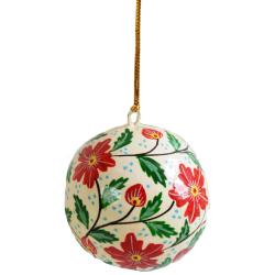 Hanging bauble, red flowers on cream, papier maché