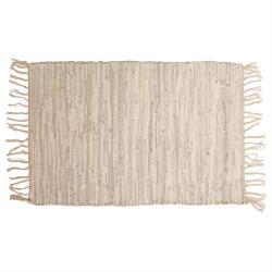 Rag rug recycled leather handmade beige 60x90cm