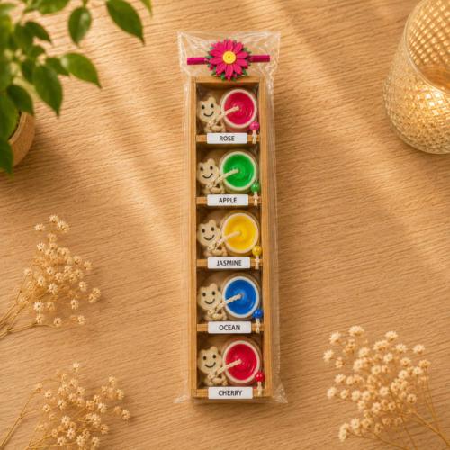 5 Frog Candles in Wooden Holder Assorted Colours