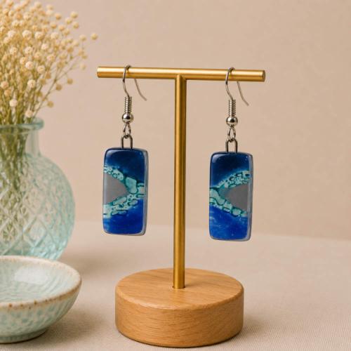 Earrings glass ‘Patagonia’ short rectangular dangle, blue and white 1.3 x 0.7cms