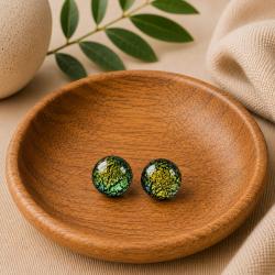 Ear studs, glass ‘Pandora’ round green 1cm diameter