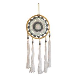 Dreamcatcher on bamboo frame, white tassels, grey green beige inner, diameter 17cm