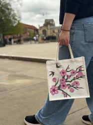 Jute shopping bag, square, cherry tree with swallows