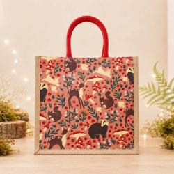 Jute Shopping Bag, Woodland Animals Pink 30x30cm