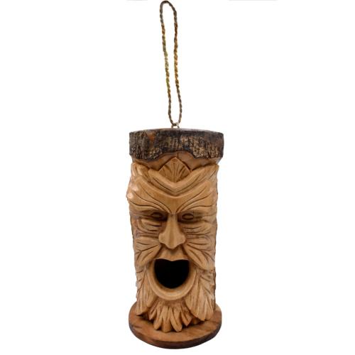 Hanging bird house, carved jempinis wood Green Man 30cm