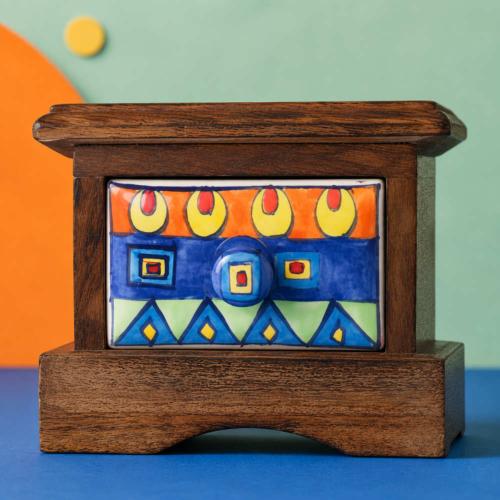 Mini Chest Mango Wood 1 Ceramic Drawer Blue 16x12x10cm