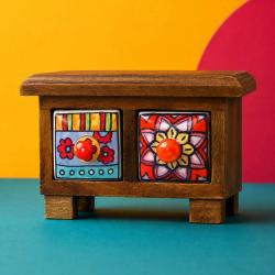 Mini Chest Mango Wood 2 Ceramic Drawers Reds 17x11x10cm