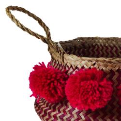 Woven seagrass basket with pompoms, natural & pink 25cm