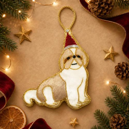 Hanging Decoration Embroidered Dog With Santa Hat