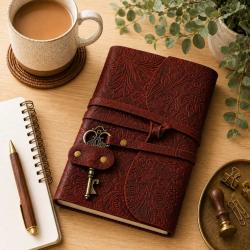 Notebook with Key Leather Floral Embossed Maroon 13 x 18cm