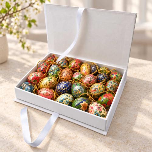 Box of 48 Hanging Egg Decorations Floral Assorted Papier Maché 4cm