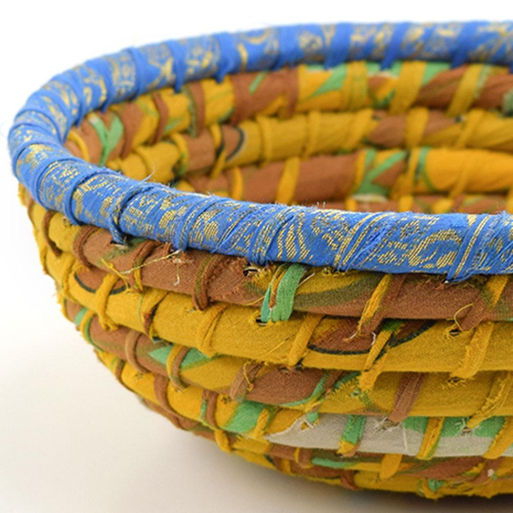 Round basket, recycled sari material yellow 26x9cm