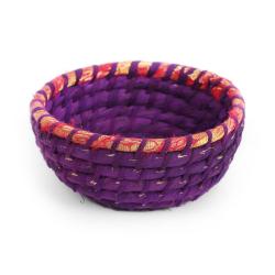 Round basket, recycled sari material and kaisa grass purple 15x7cm