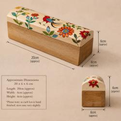 Pen Pencil Trinket Box Handpainted Wood Floral Bird 20x6x6cm
