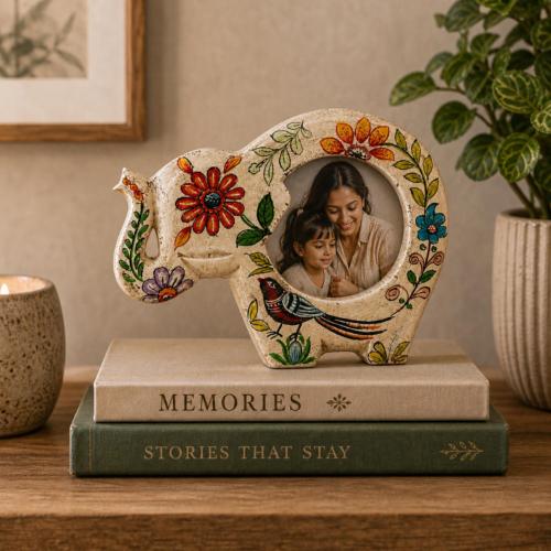 Photo Frame Handpainted Wood Elephant Floral Mini 4 in Photo