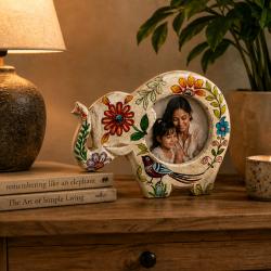 Photo Frame Handpainted Wood Elephant Floral Mini 4 in Photo
