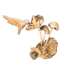 Hand-Carved Hummingbird with Woodland Toadstools