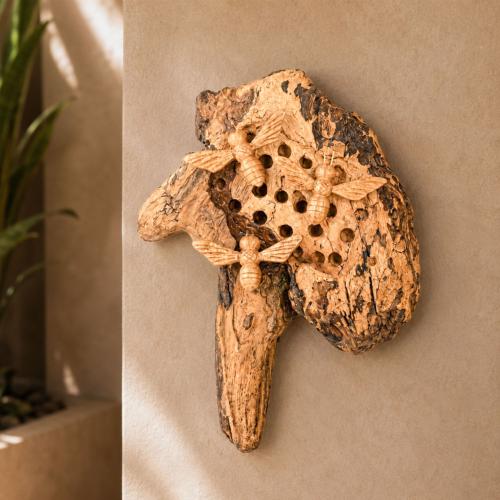 Hand-Carved Wild Bee Hive with Three Bees