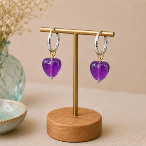 Earrings Glass Heart Purple