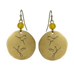 Earrings, Brass round drop engraved with flying cranes 2.5cm diameter