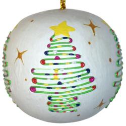 Hanging Christmas Bauble, Albesia Wood White With Trees 6cm